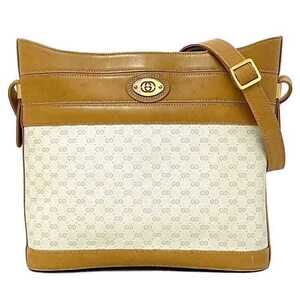 Gucci Shoulder Bag Beige Brown Gold GG Logo All over Leather